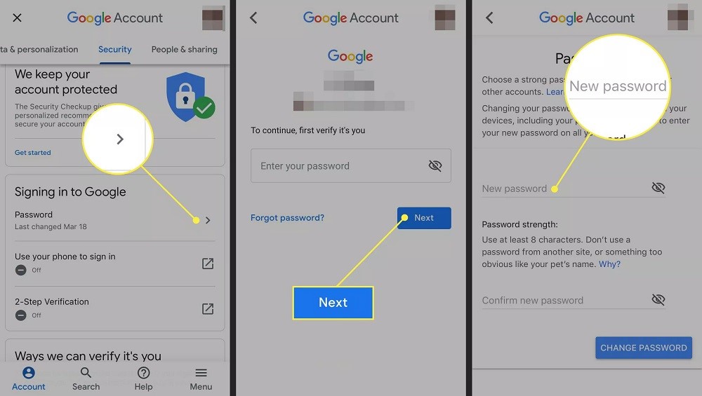 How do I change my Google password on my phone?